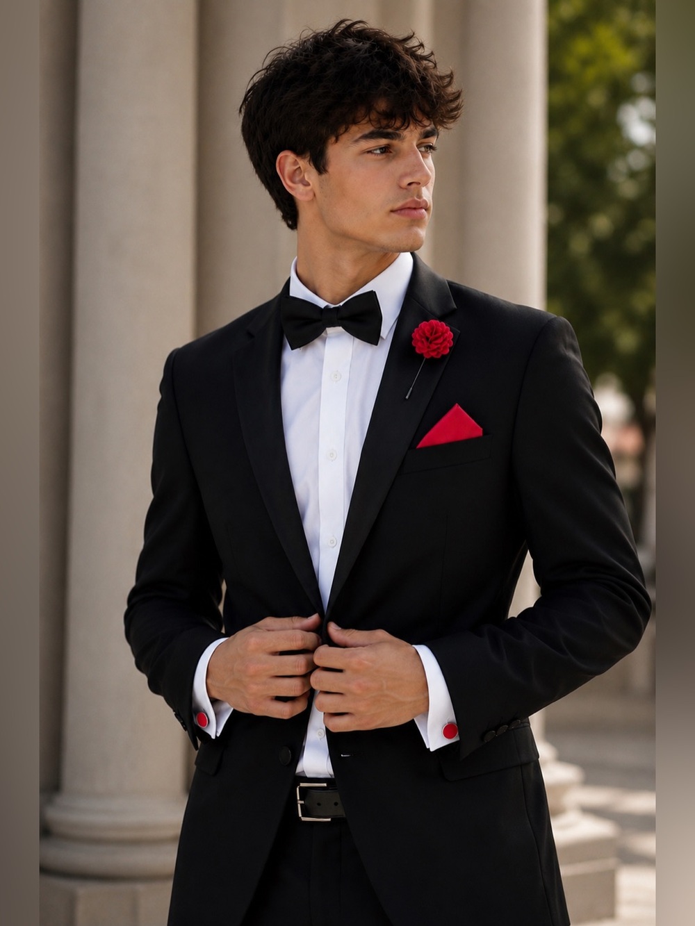 NWT Boutique Black Bow Tie Set Red Accents Formal Prom Wedding
